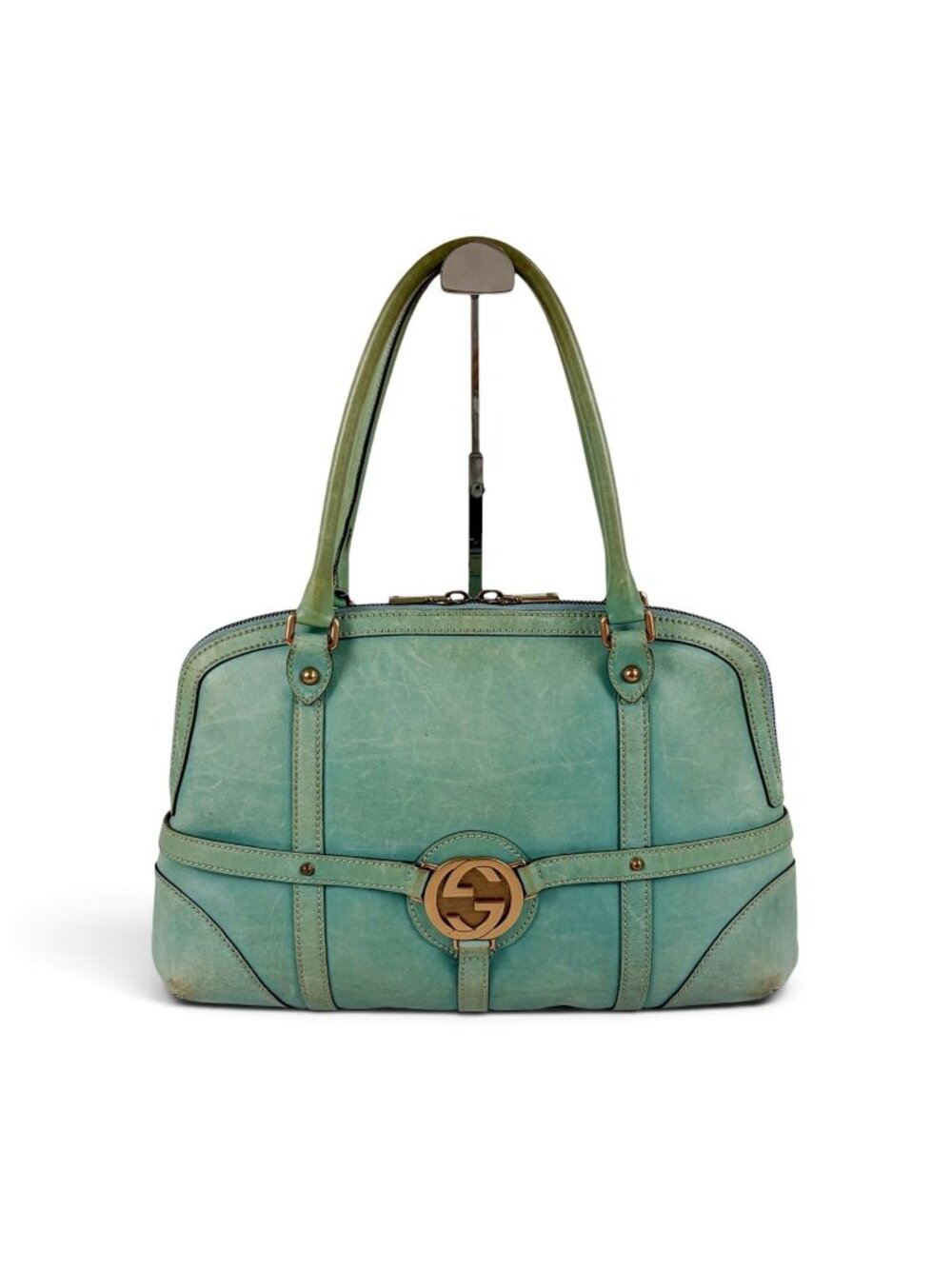 Gucci Interlocking G Leather Hand Bag G Handbag Turquoise Blue